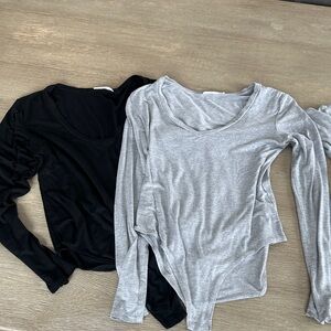 Elegant Black and Gray Vneck Long Sleeve Bodysuits